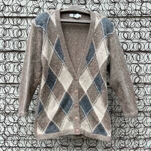 Vintage 90s Segue Argyle Angora Wool Cardigan sweater tan gray cream Grandpacore